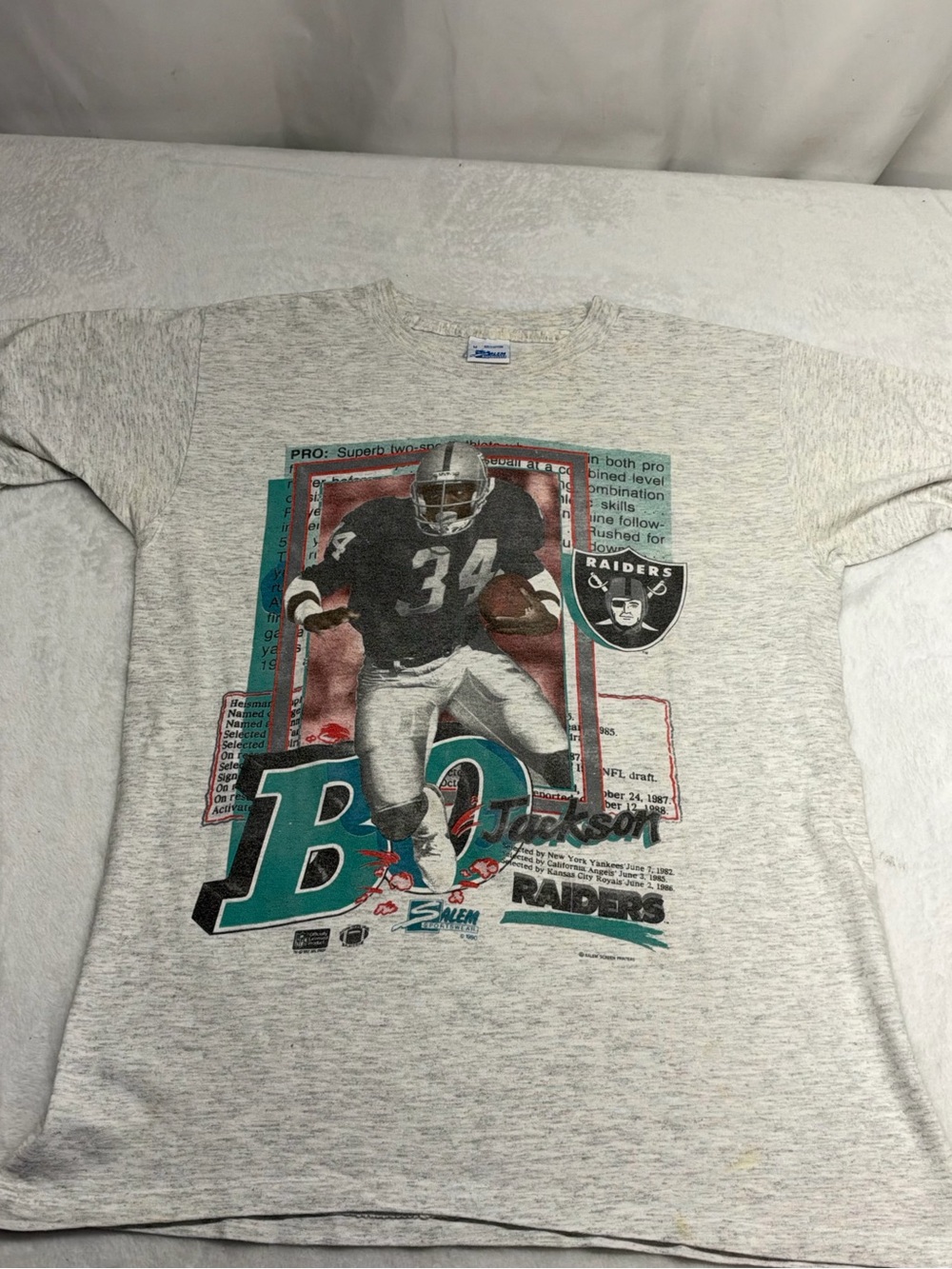 Vintage 1990 Bo Jackson LA Raiders Salem Sportswear T-Shirt Gray Mens M